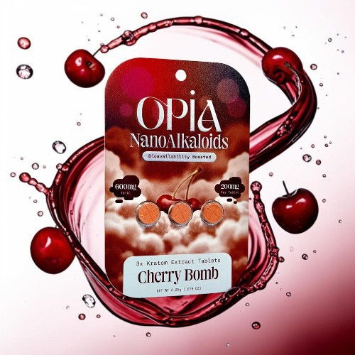 Product packaging for Opia Nano Alkaloids Cherry Bomb with red accents.