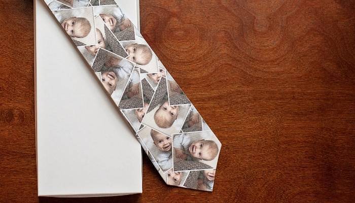 Necktie with photos of baby on gift box