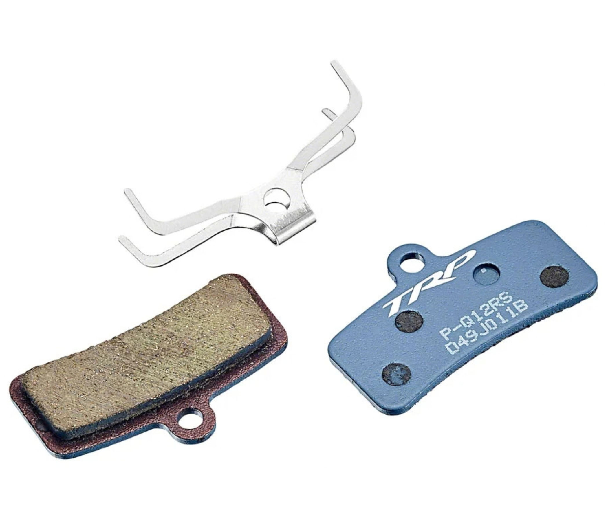 Bike brake pads and hardware components on a white background.