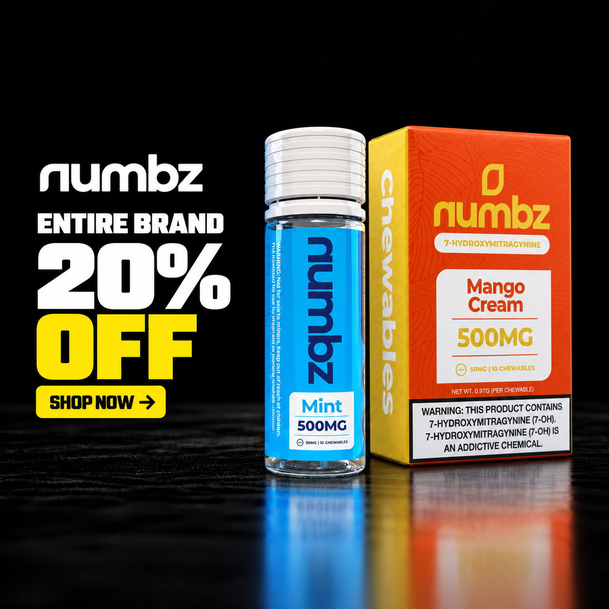 Numbz brand discount advertisement featuring Mango Cream product and promotional text.