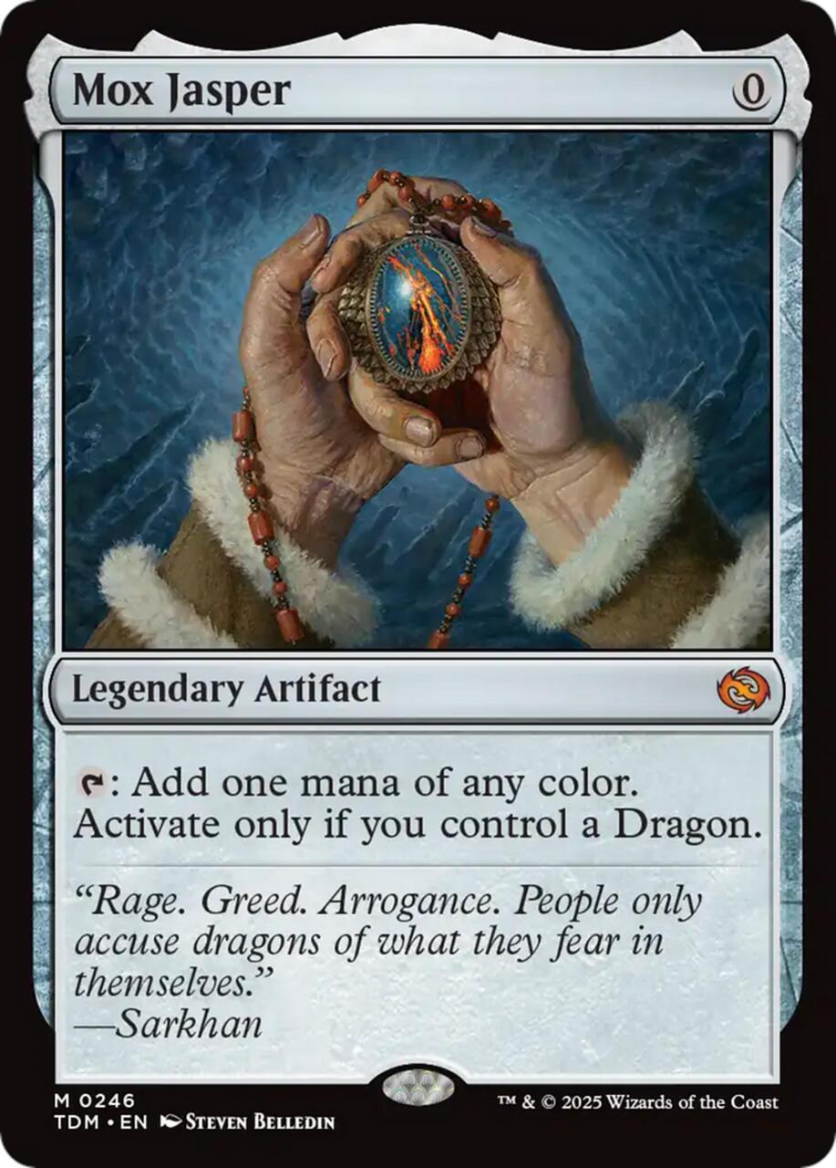 Hands holding a gem, with text about Mox Jasper card.