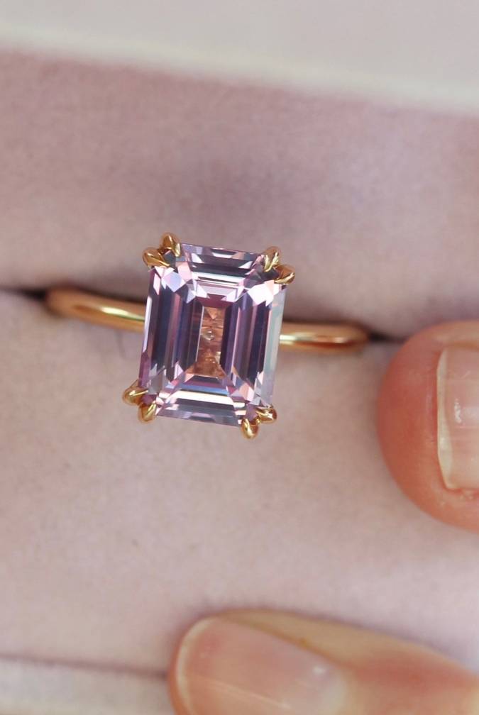 Emerald Cut Pink Sapphire Ring With Double Claw Prongs