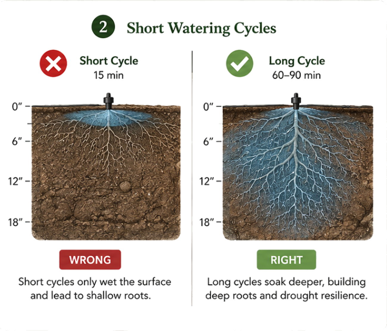 Comparison of short and long watering cycles for soil moisture.