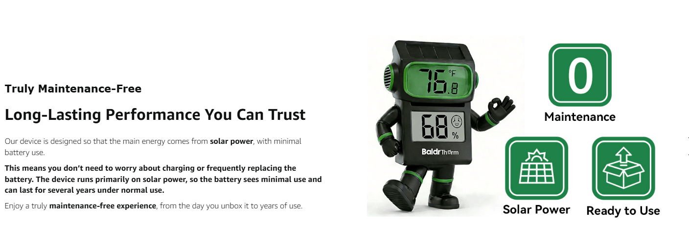 Digital thermometer with performance indicators and maintenance-free features.