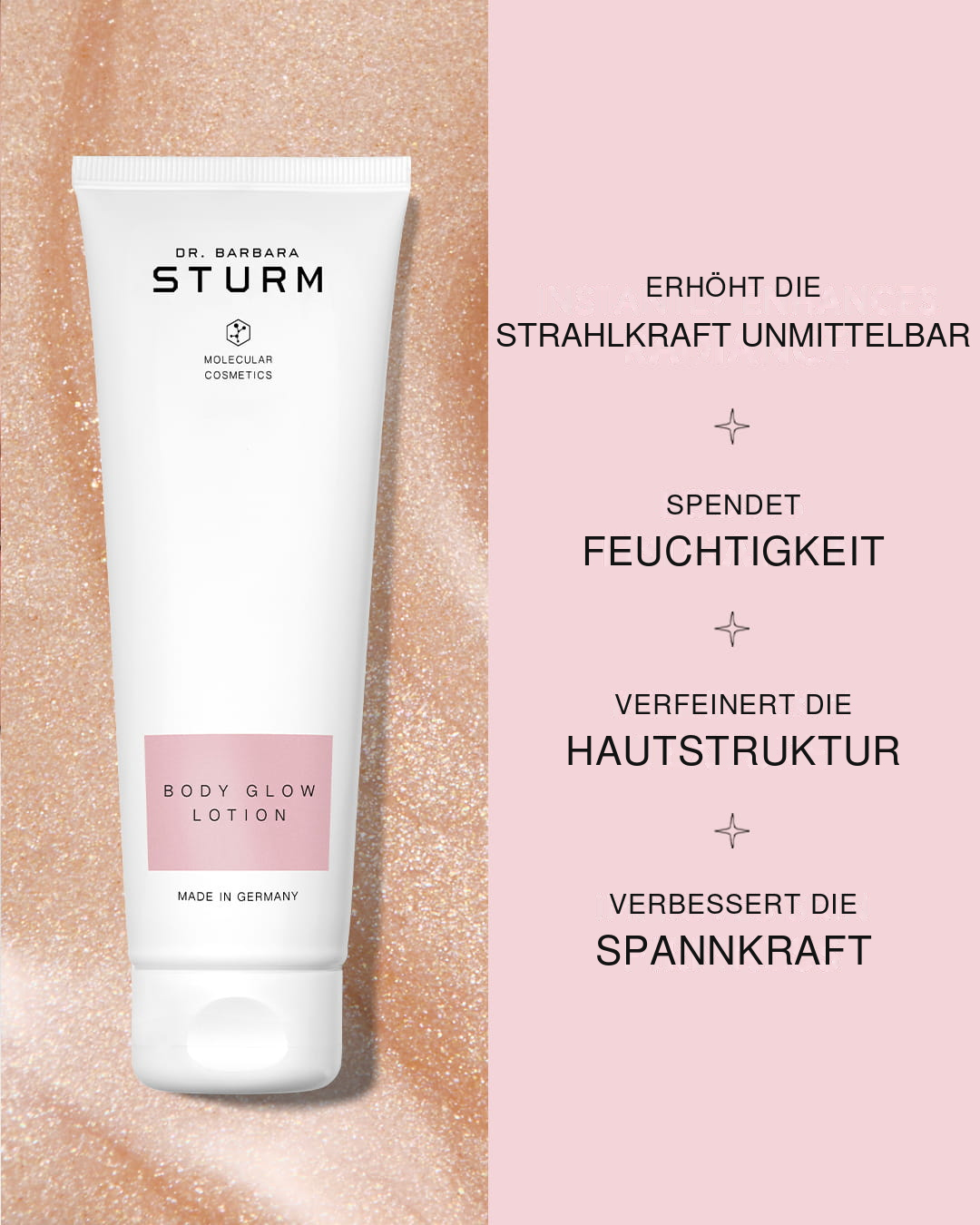 Beauty product tube with text highlighting its benefits in German.