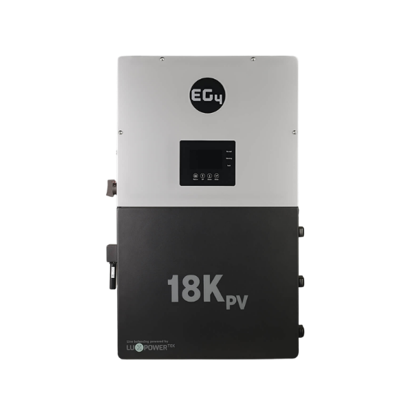 EG4 18kPV inverter forward facing with a digital display.