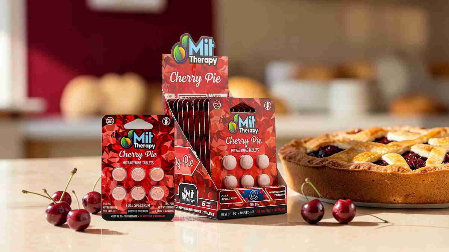 Cherry pie products displayed on a countertop with a pie in the background.