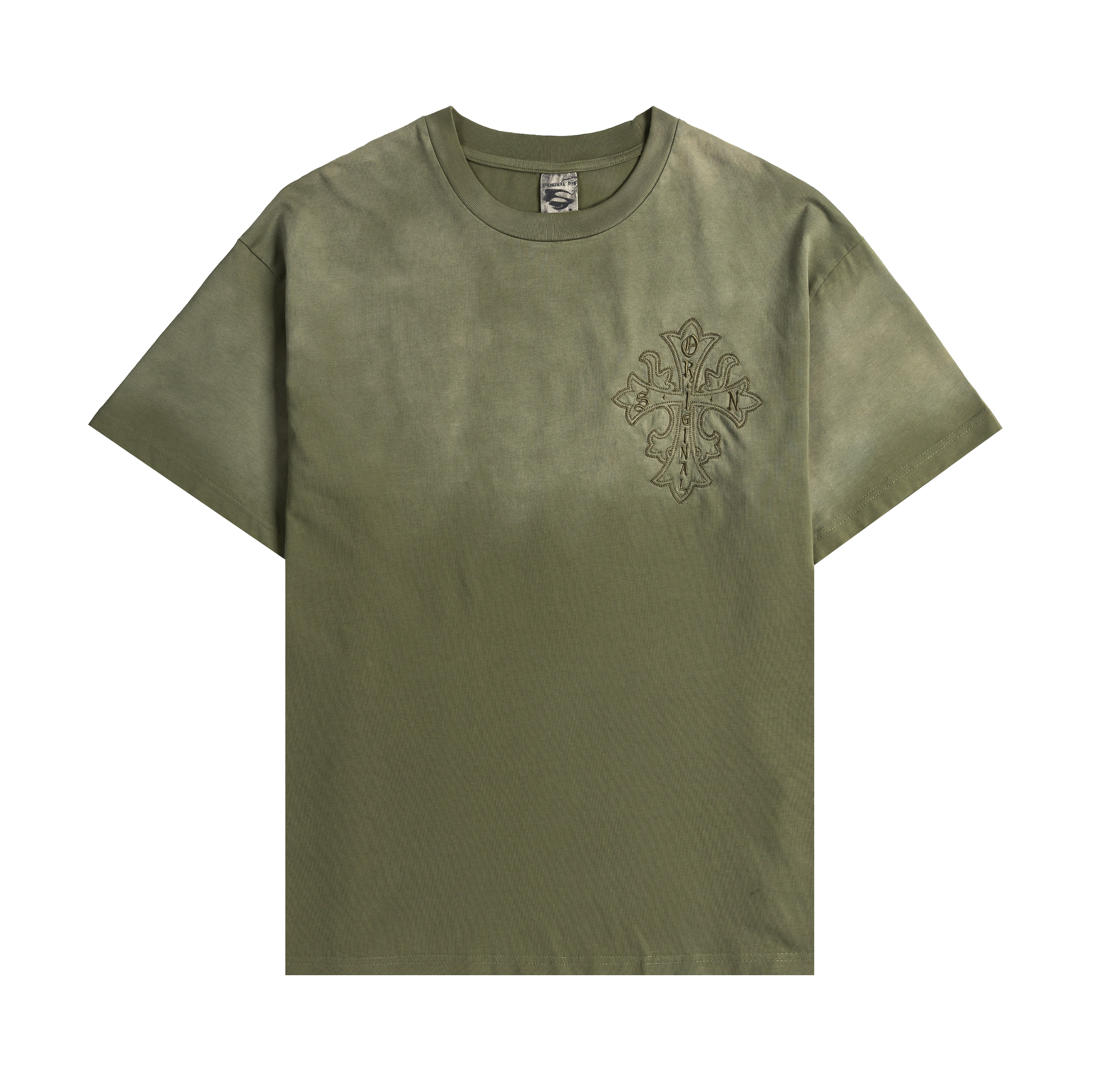 Olive green t-shirt with a decorative design on the front.