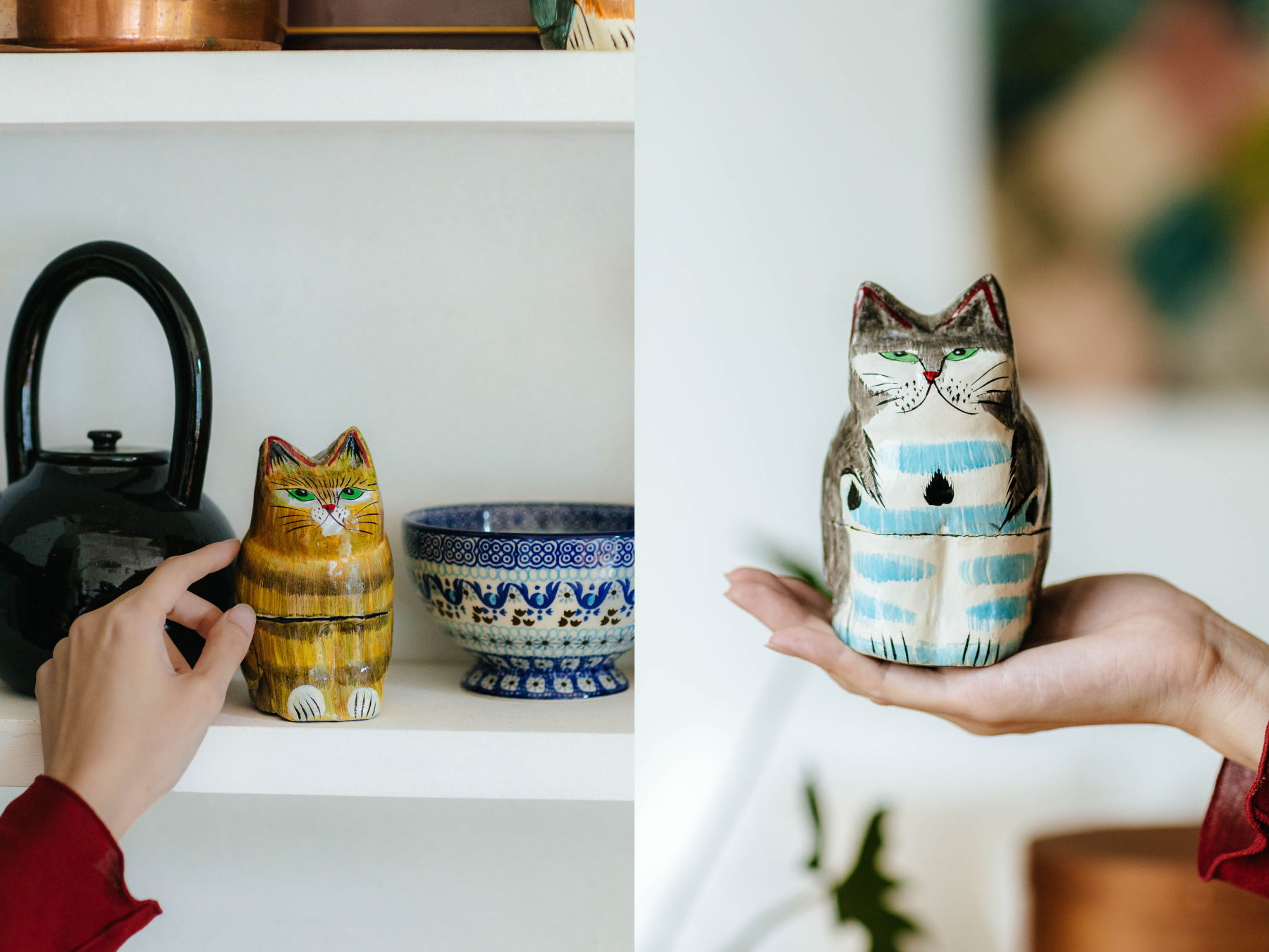 Ceramic animal figurines on a shelf and in hands.