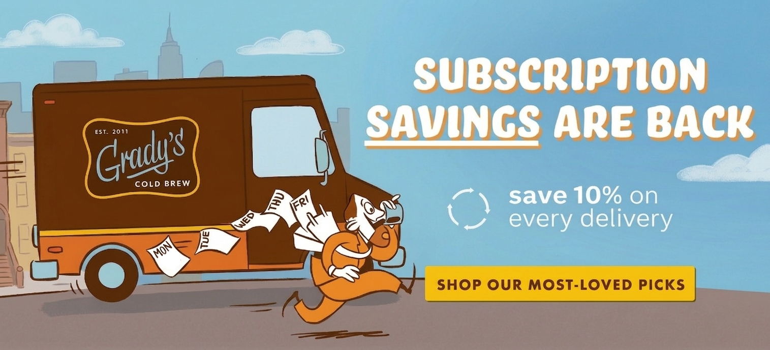 Animated-style promotional banner for Grady’s Cold Brew subscriptions showing a delivery truck driving through the city with papers labeled by weekdays flying out behind it.