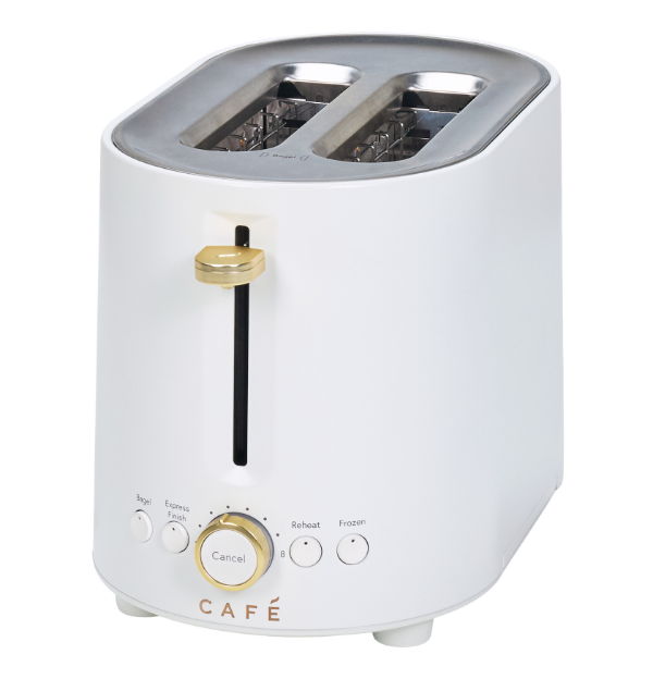 White toaster with two slots and a gold dial.