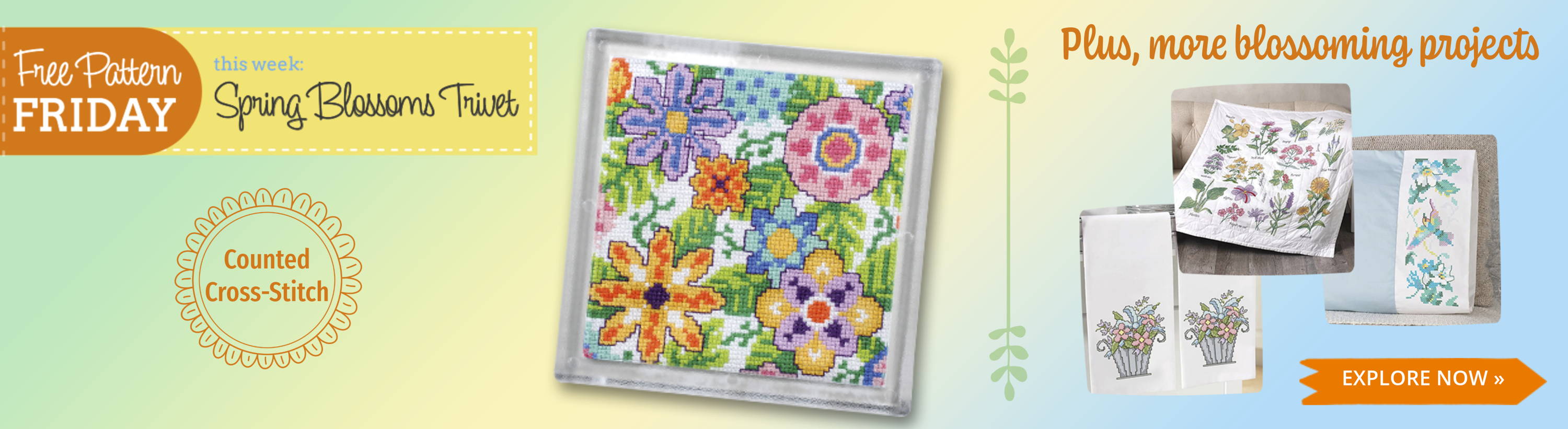 Free Pattern Friday! Spring Blossoms Trivet (Counted Cross-Stitch). Images: Spring Blossoms Trivet and featured needlework projects to explore.