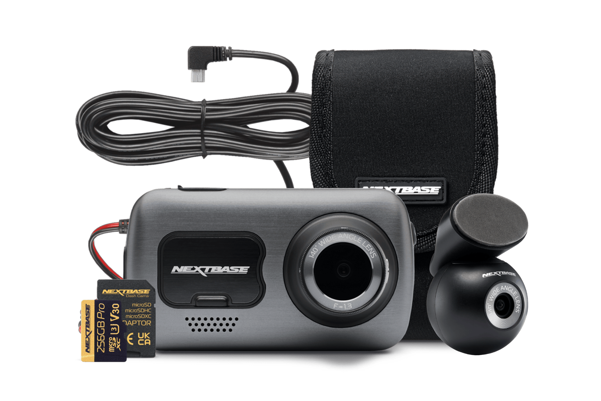 A dashcam with accessories including a mount, cable, and memory card.