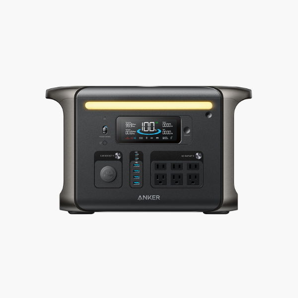 Anker portable power station with various ports and display panel.