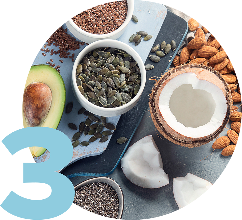 Omega-3s represented by flax seeds, chia seeds, pumpkin seeds and almonds. 
