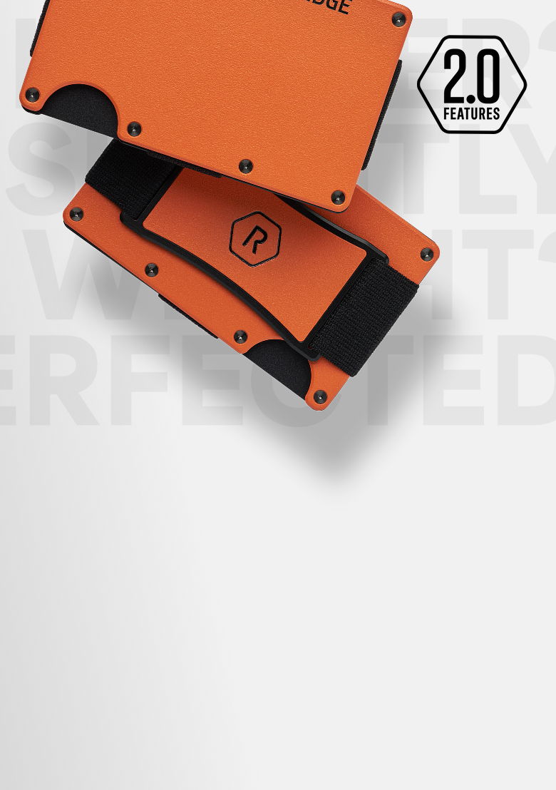 Two orange wallets stacked on a white background with text overlay.
