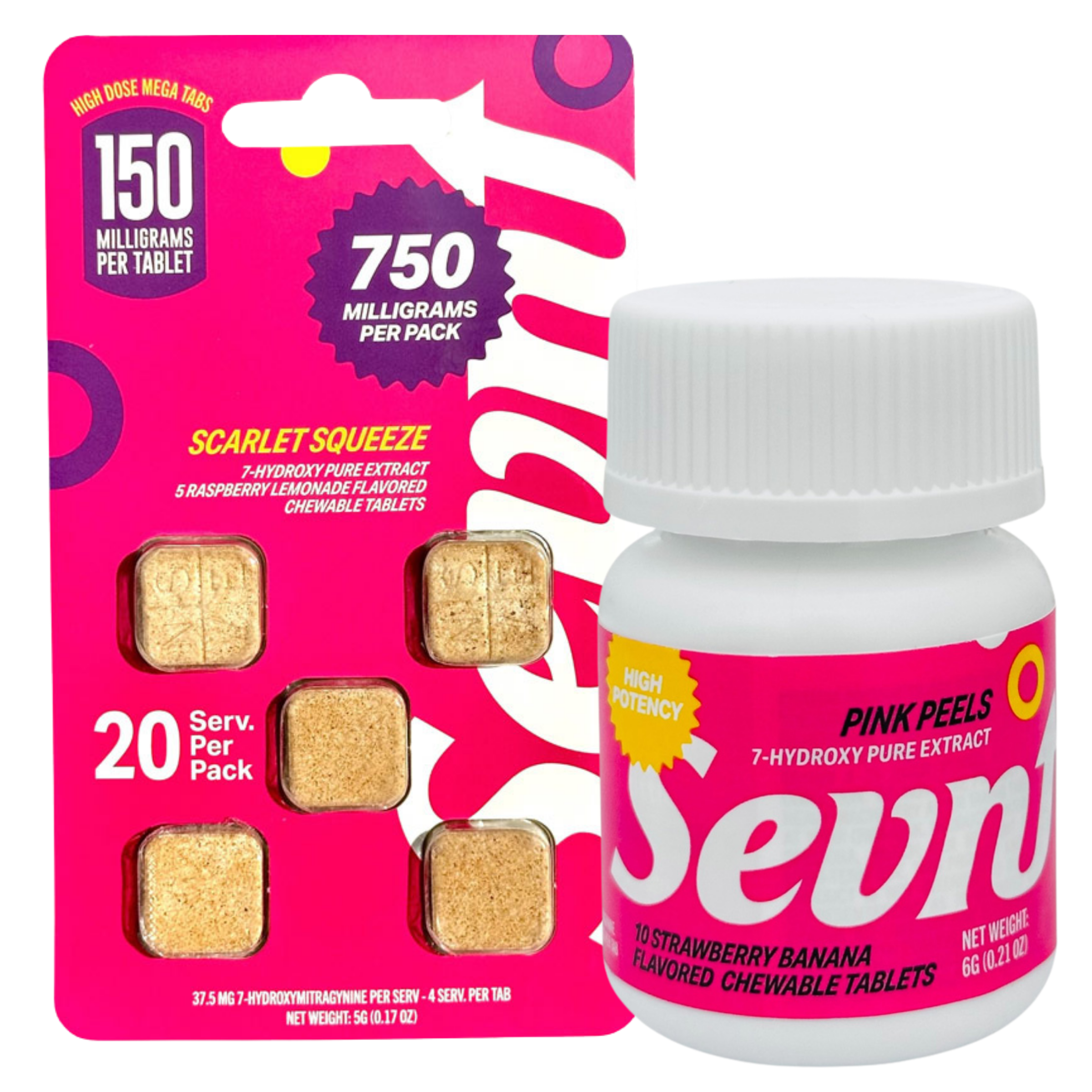 Sevni product packaging featuring candy and chewable tablets in vibrant colors.