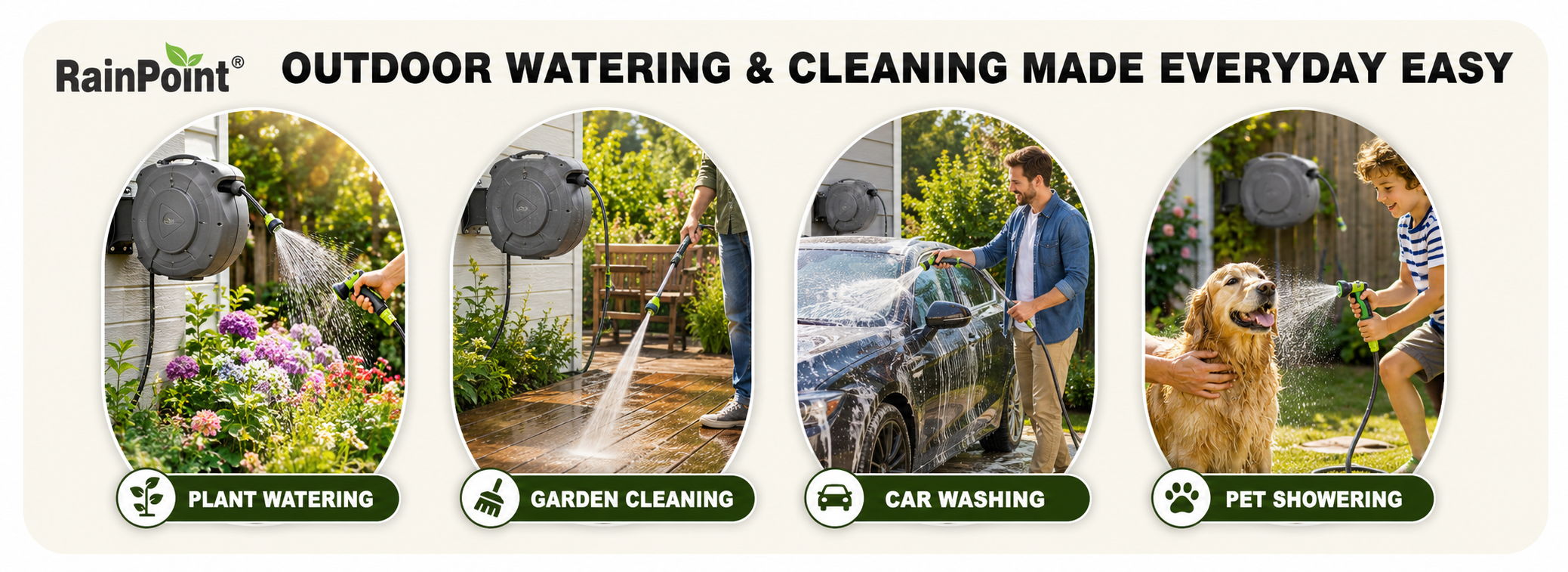 Outdoor watering and cleaning solutions for gardening, car washing, and pet care.