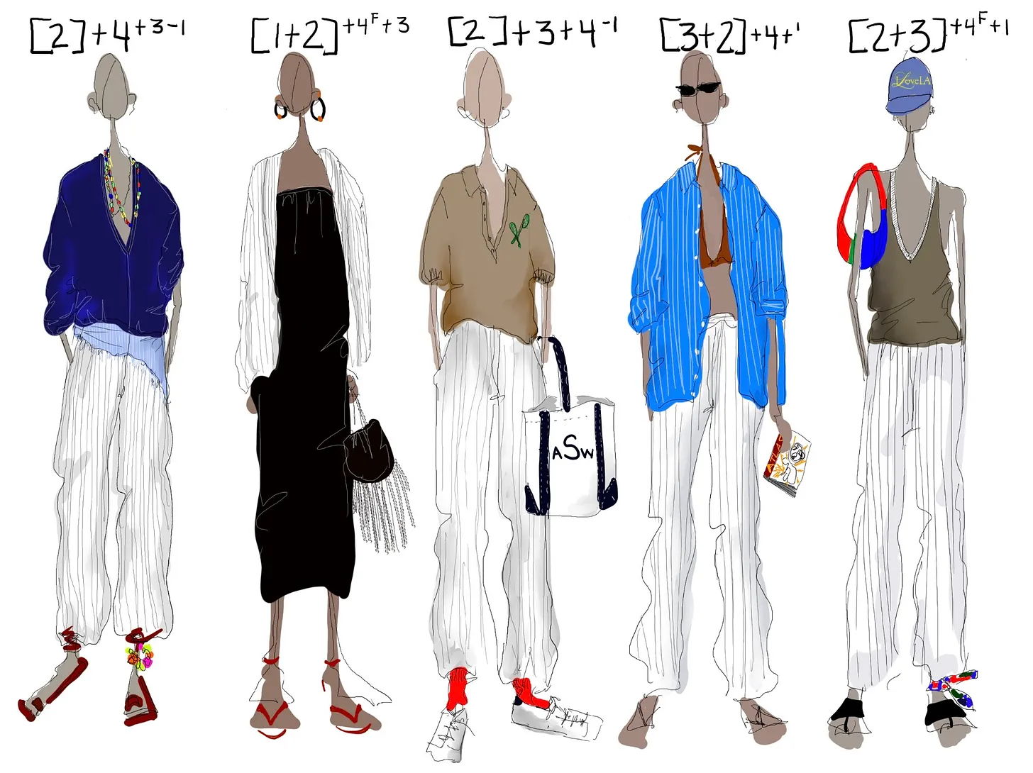 Fashion illustration of five stylish figures in various outfits.
