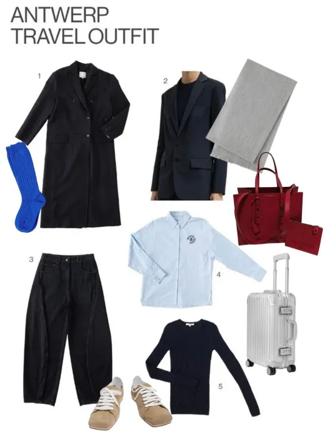 Antwerp travel outfit featuring clothing and accessories for stylish travel.