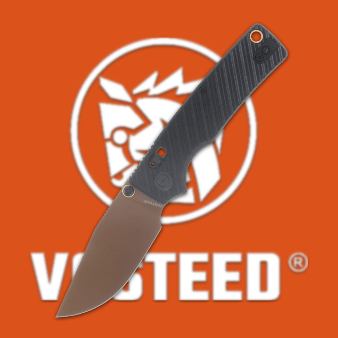 Knife with a black handle on an orange background featuring a logo.
