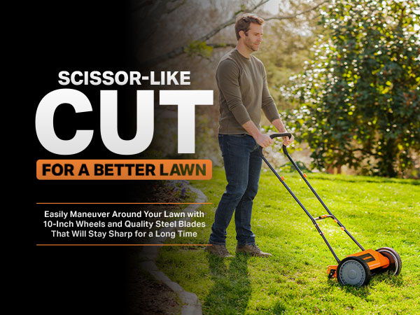 Man using a lawn mower on grass with text about lawn care benefits.