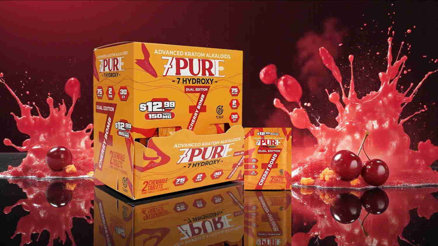 Boxes of 7PUR energy drink with cherry splashes in the background.