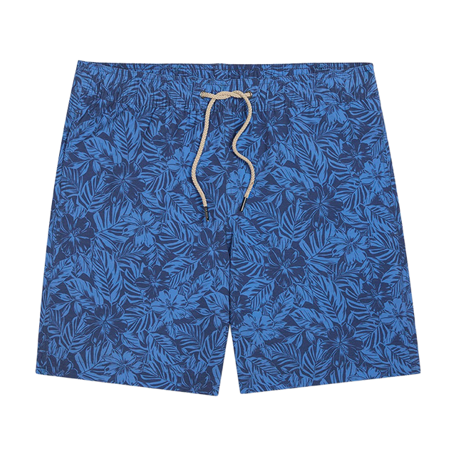 Blue floral swim shorts with a drawstring.