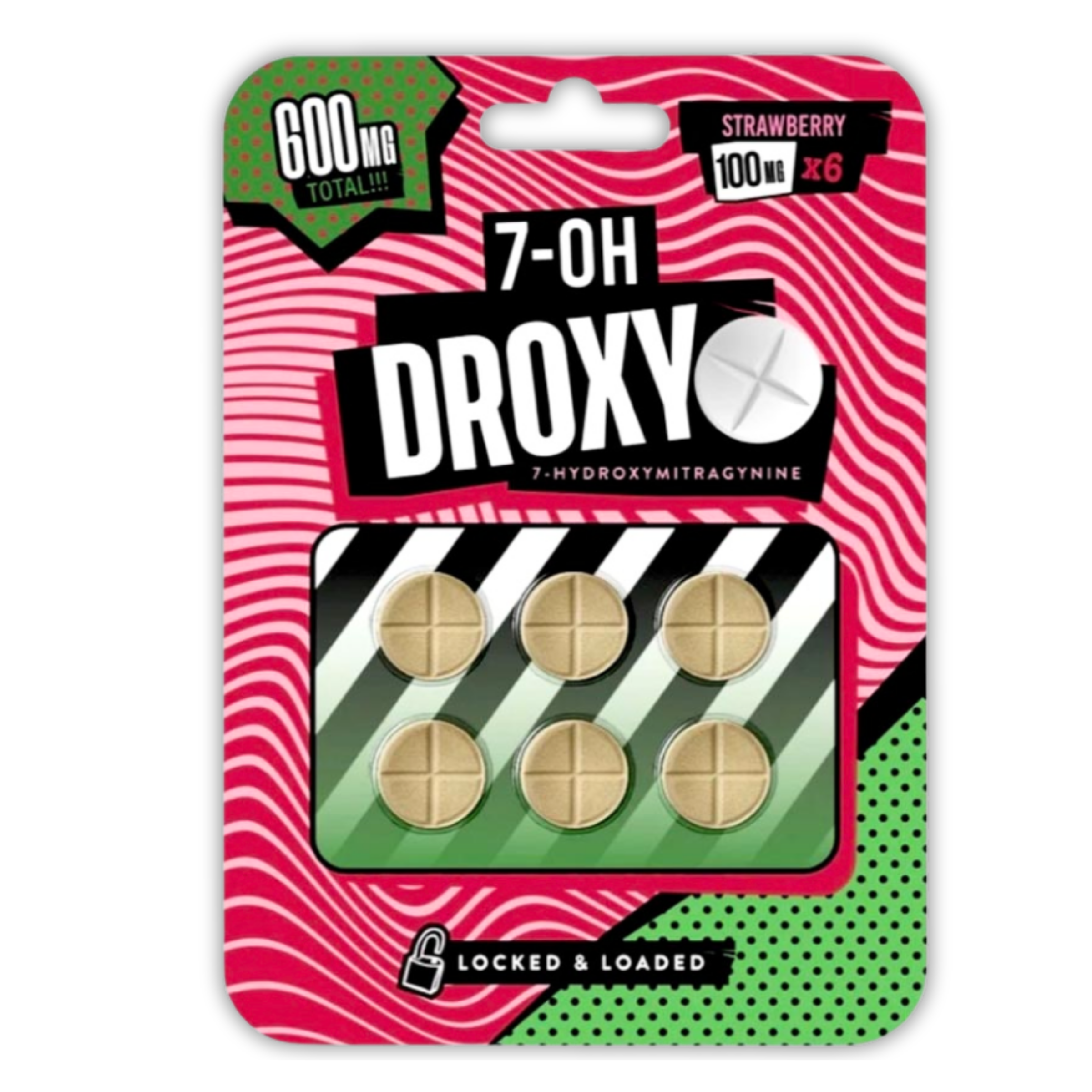 Packaging of 7-OH Droxy dietary supplement with strawberry flavor and six tablets.