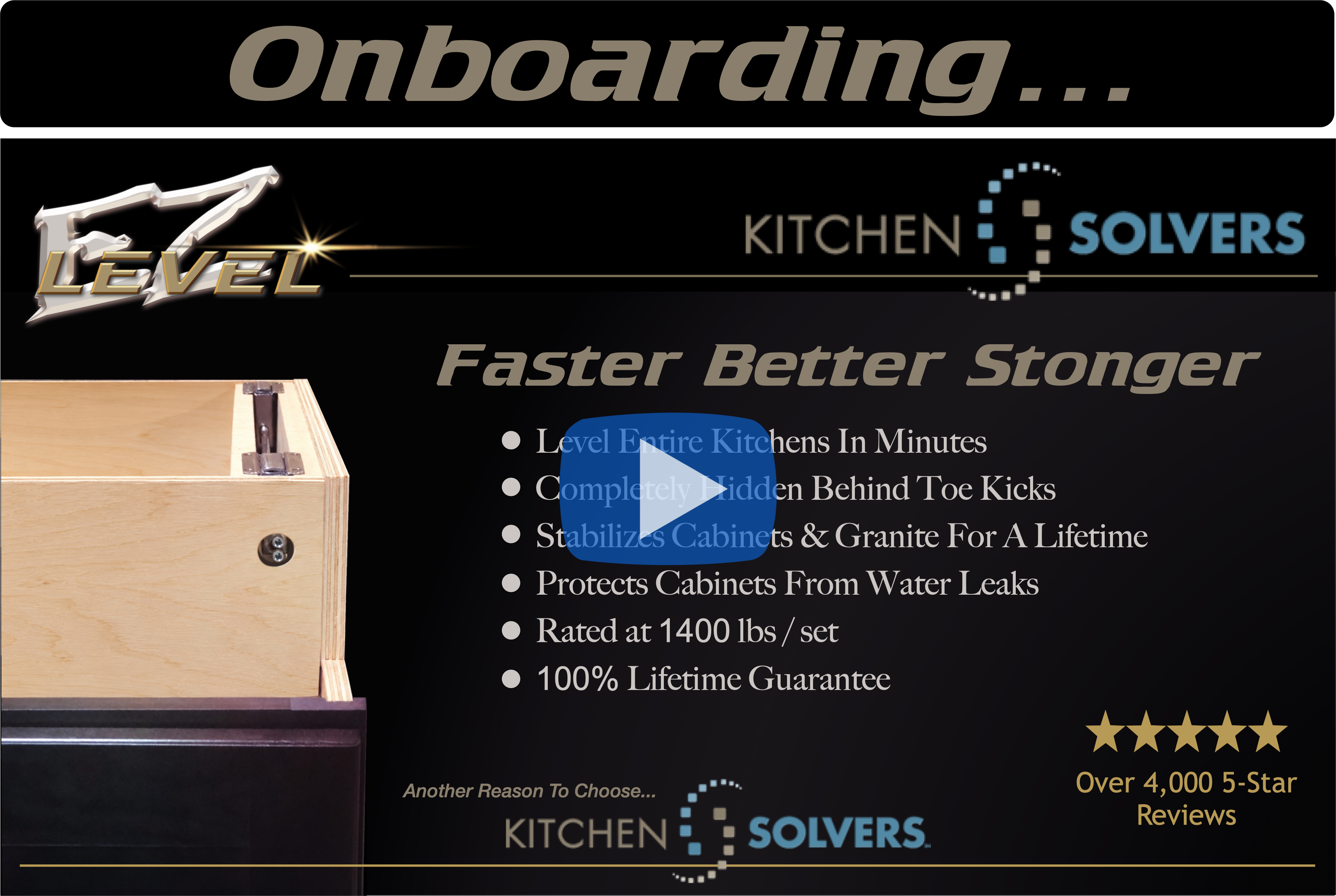 Onboarding graphic for Kitchen Solvers, featuring product benefits and a video link.