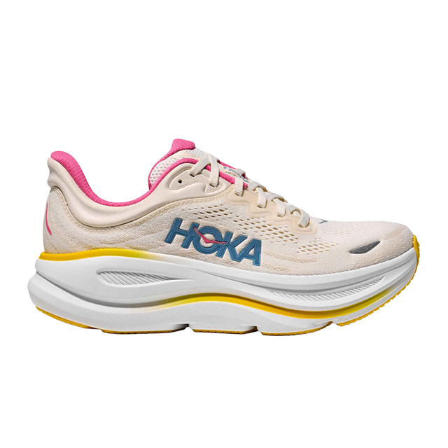 Light pink running shoes with a white sole and blue logo.