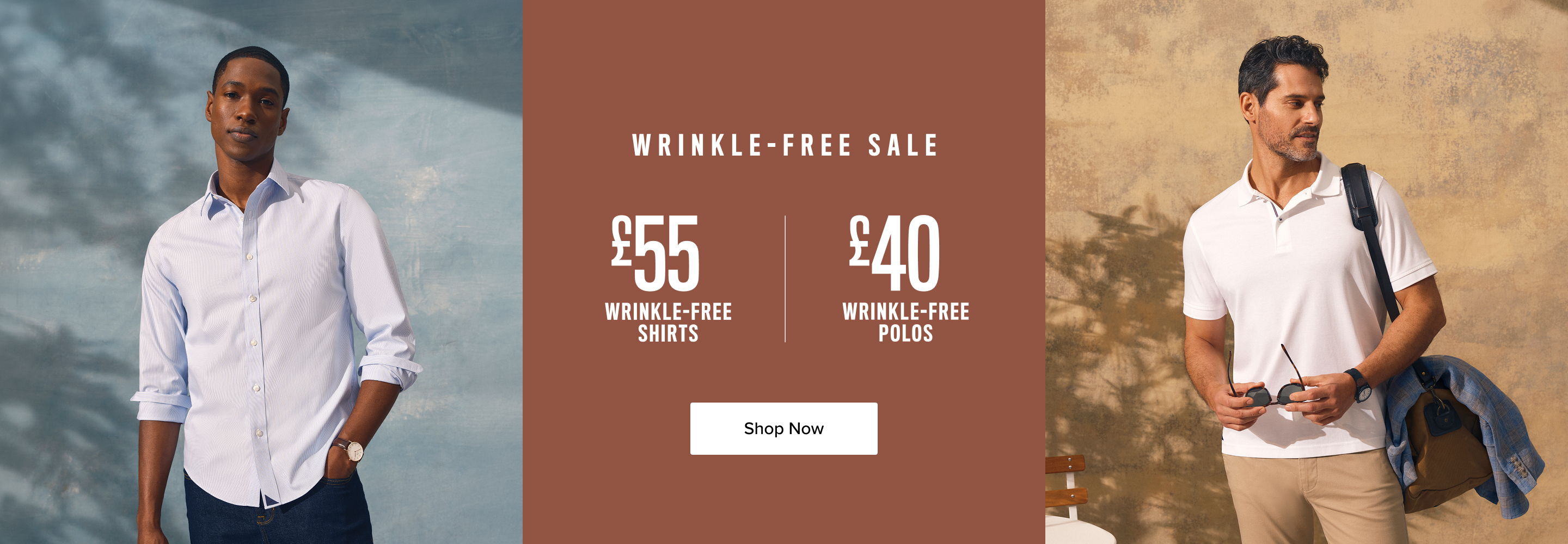 Promotional image featuring men's shirts with price discounts.