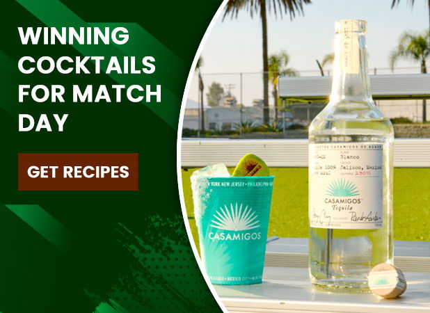 Bottle of cocktail with a cup, promoting match day recipes.