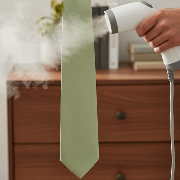 Sage necktie being steamed