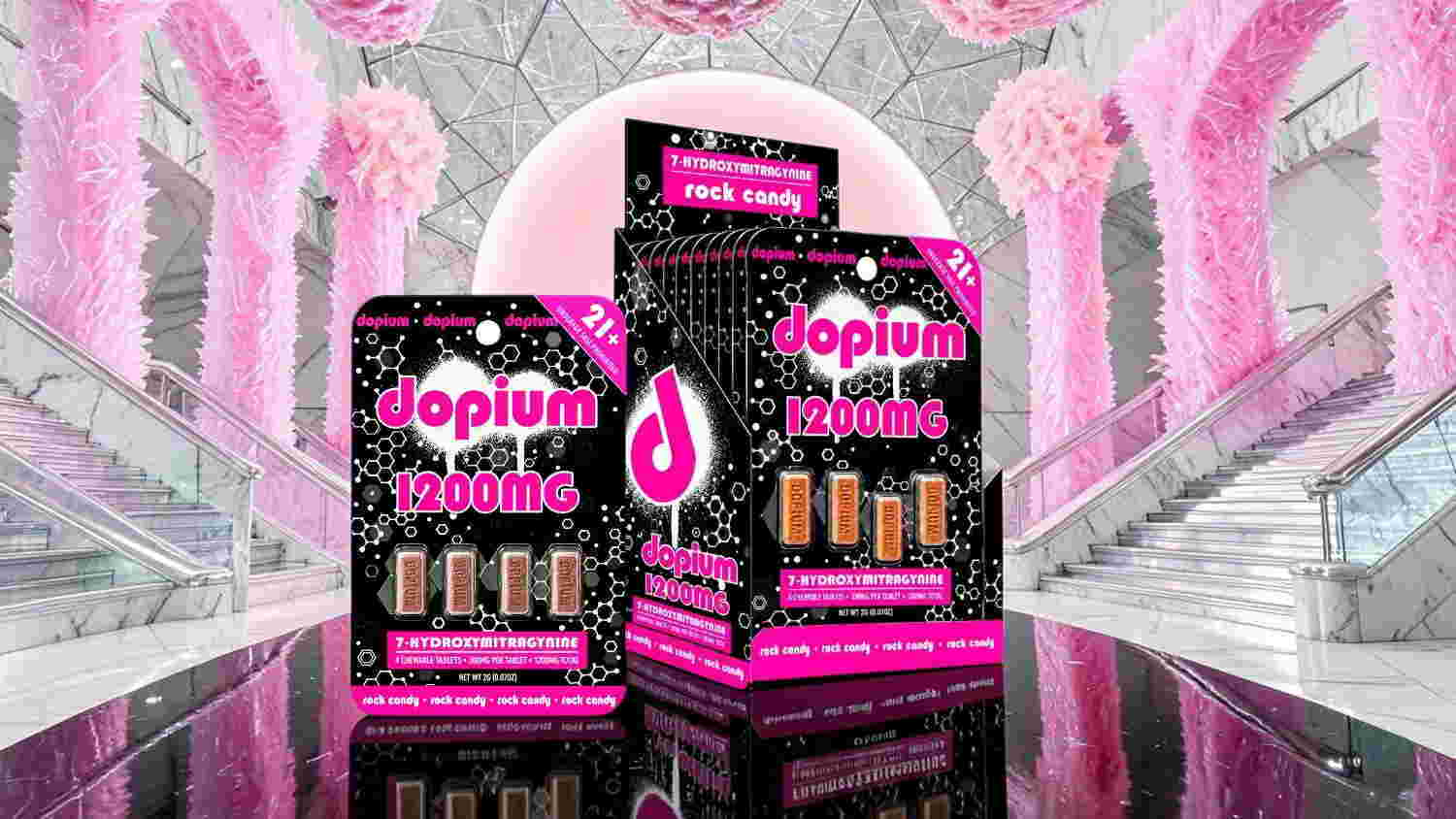 Packaging of Opium products against a pink-themed background.