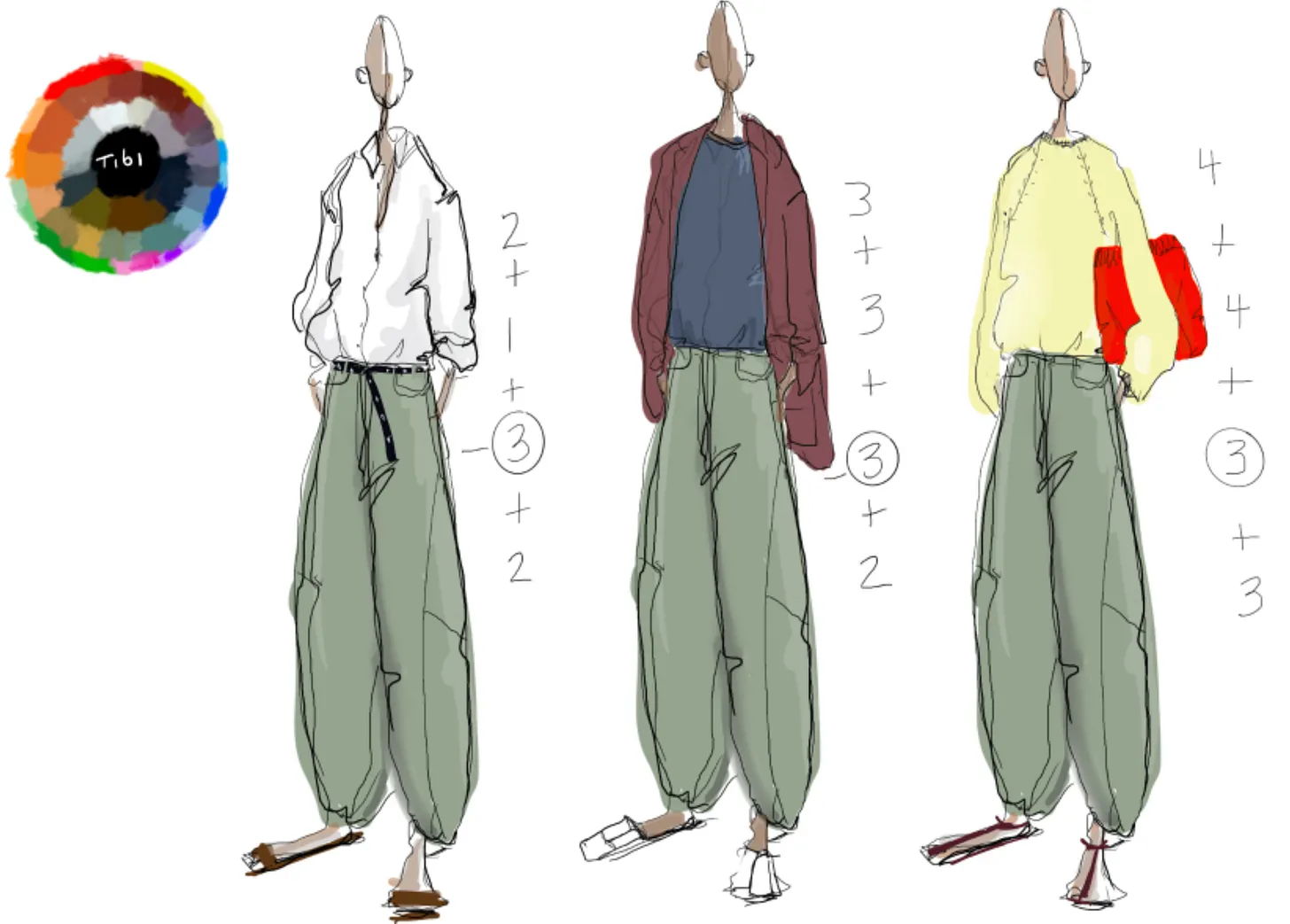 Fashion sketches featuring three outfits with baggy pants and various tops.