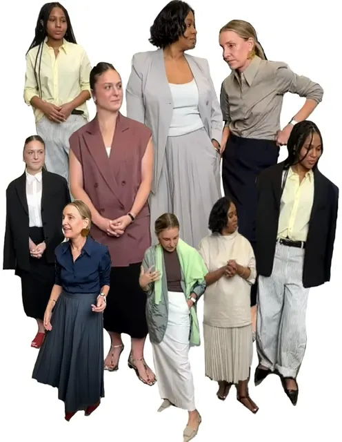Group of women in various outfits and poses against a white background.