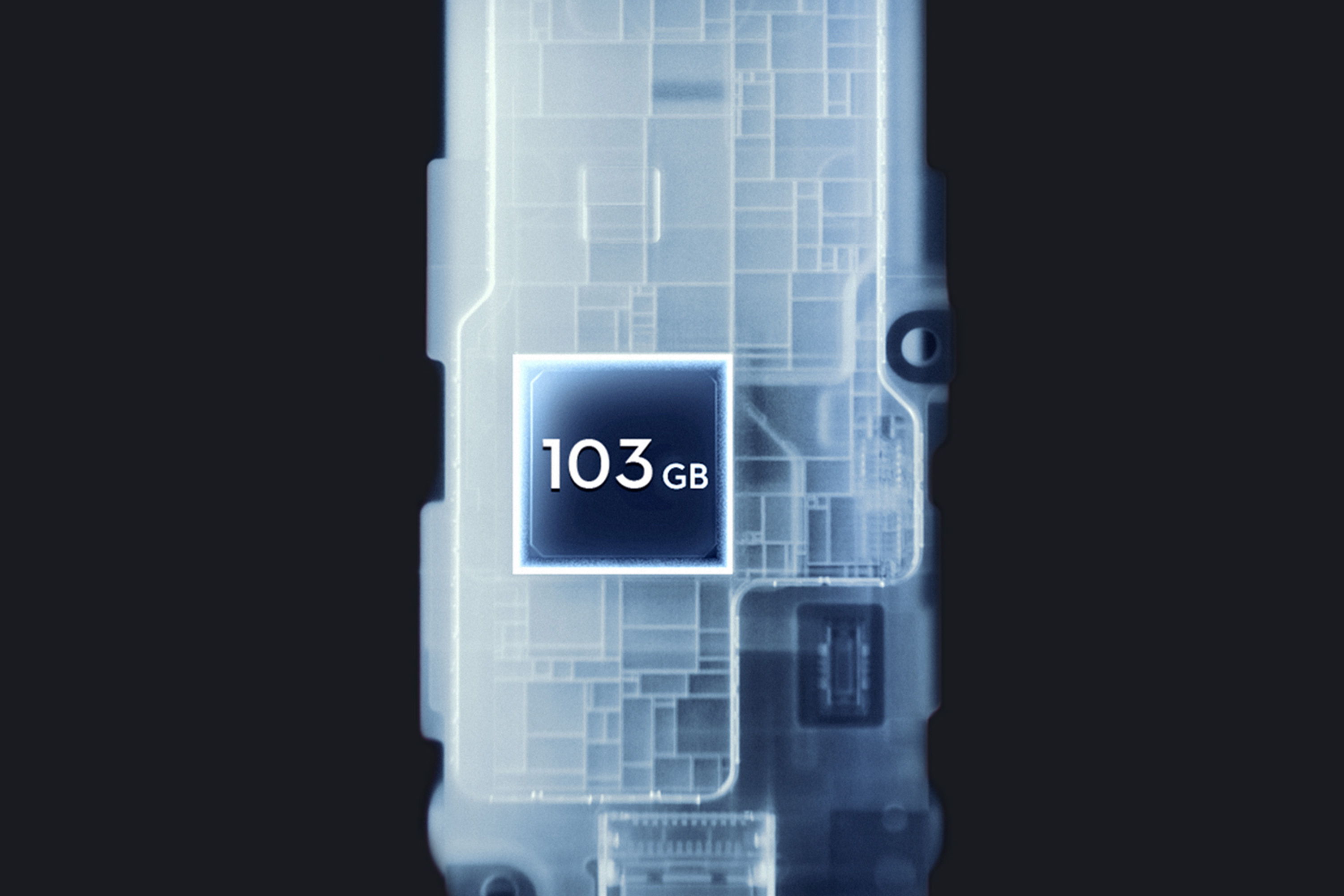 X-ray view of a device showing a 103GB storage capacity.