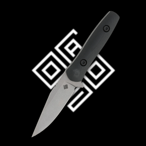 A knife with a black handle on a geometric background.