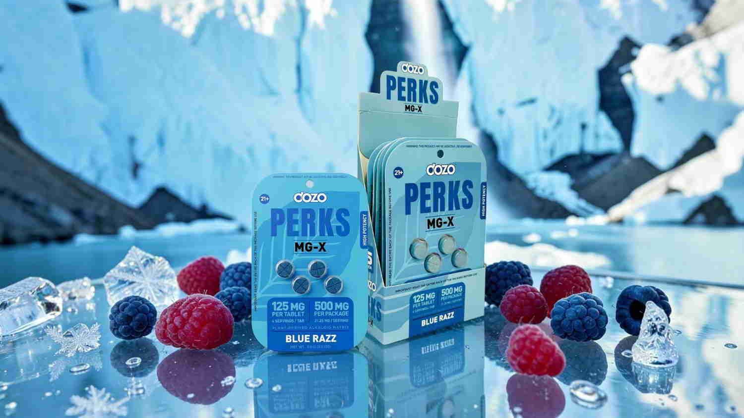 Packages of frozen fruit with ice and a glacier backdrop.