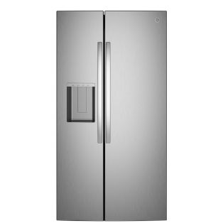 Silver refrigerator with side-by-side doors and water dispenser.