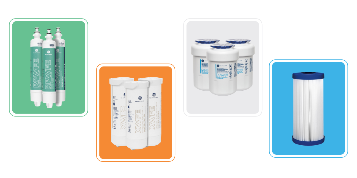 Various water filter cartridges displayed in colorful frames.