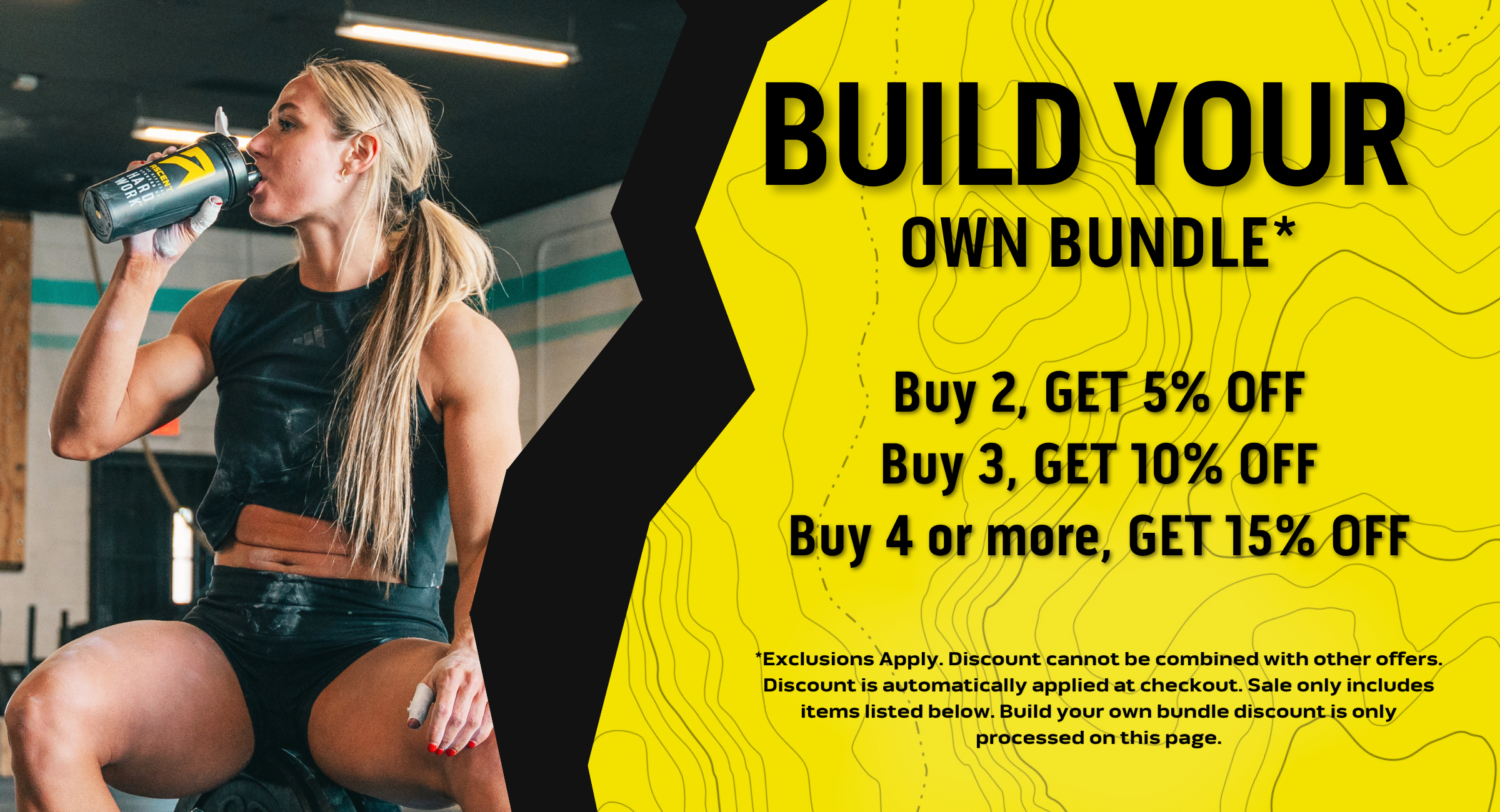woman drinking from a blender bottle in a gym setting next to promotional text on a yellow background