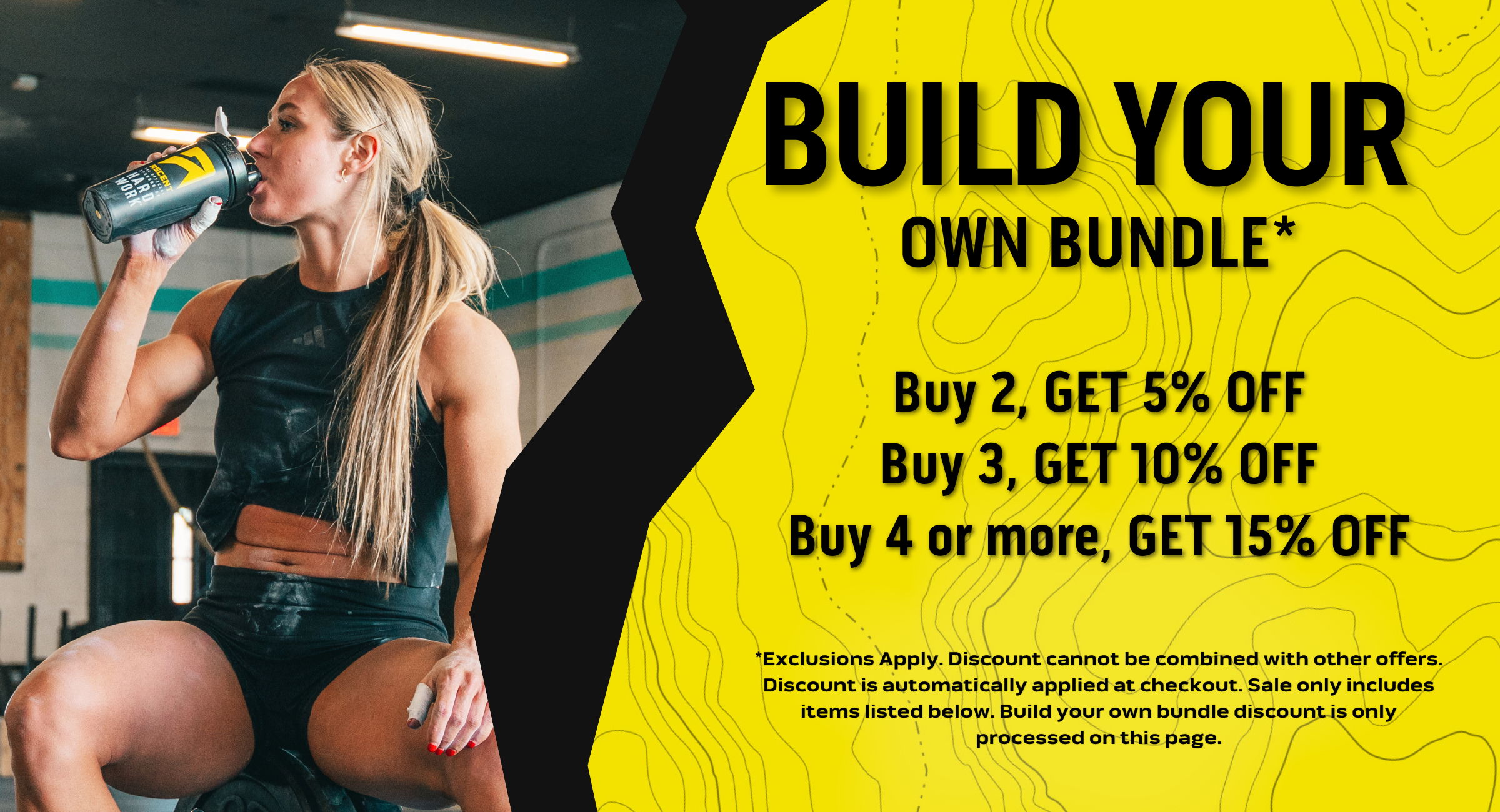 woman drinking from a blender bottle in a gym setting next to promotional text on a yellow background
