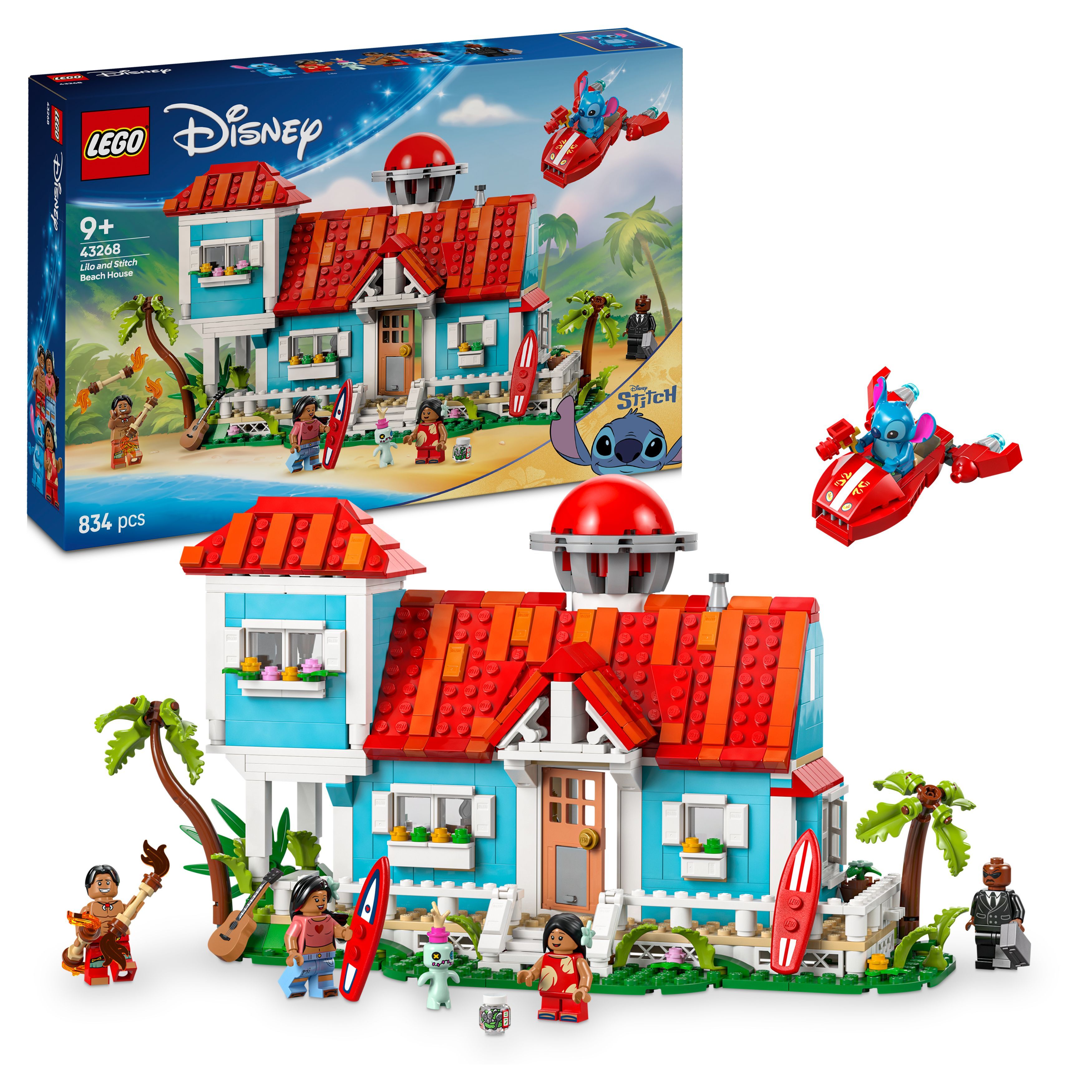 LEGO Disney set featuring a colorful house, characters, and a flying vehicle.