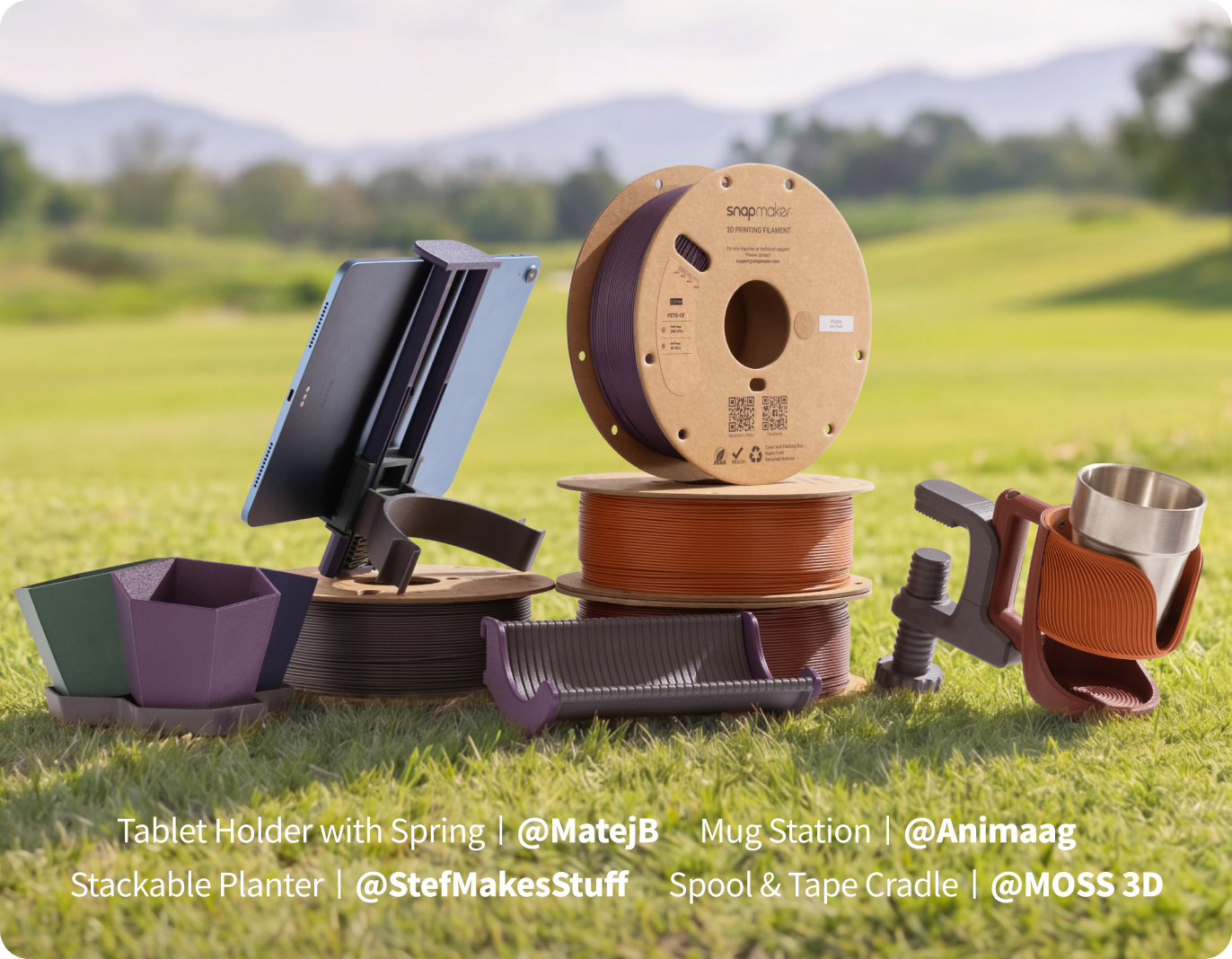 Diverse gereedschappen en accessoires, uitgestald op een grasveld.
