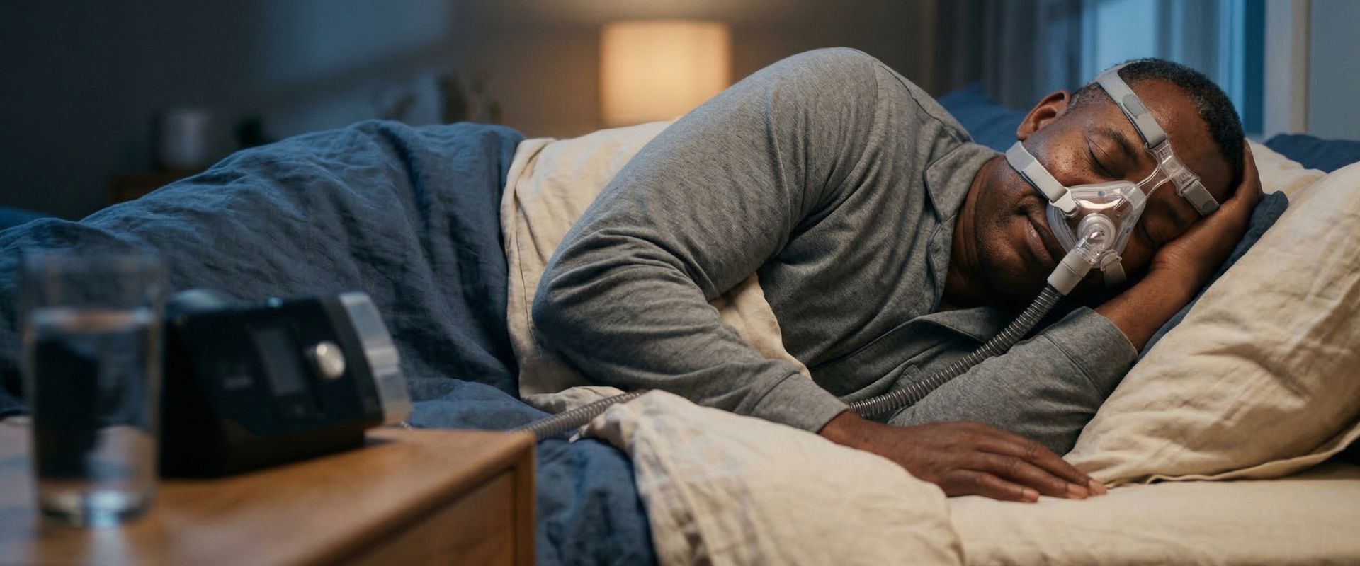 Man sleeping with CPAP mask beside bedside table and water glass.