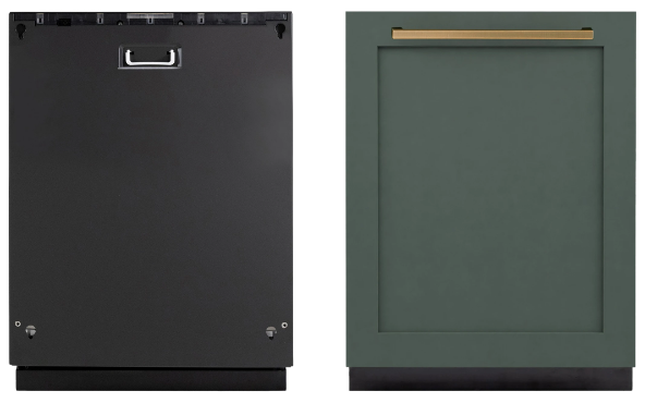 Two dishwashers, one black and one green, side by side.