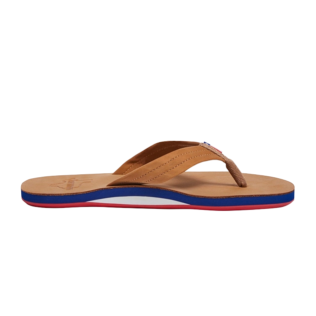 A brown flip-flop sandal with a colorful sole.