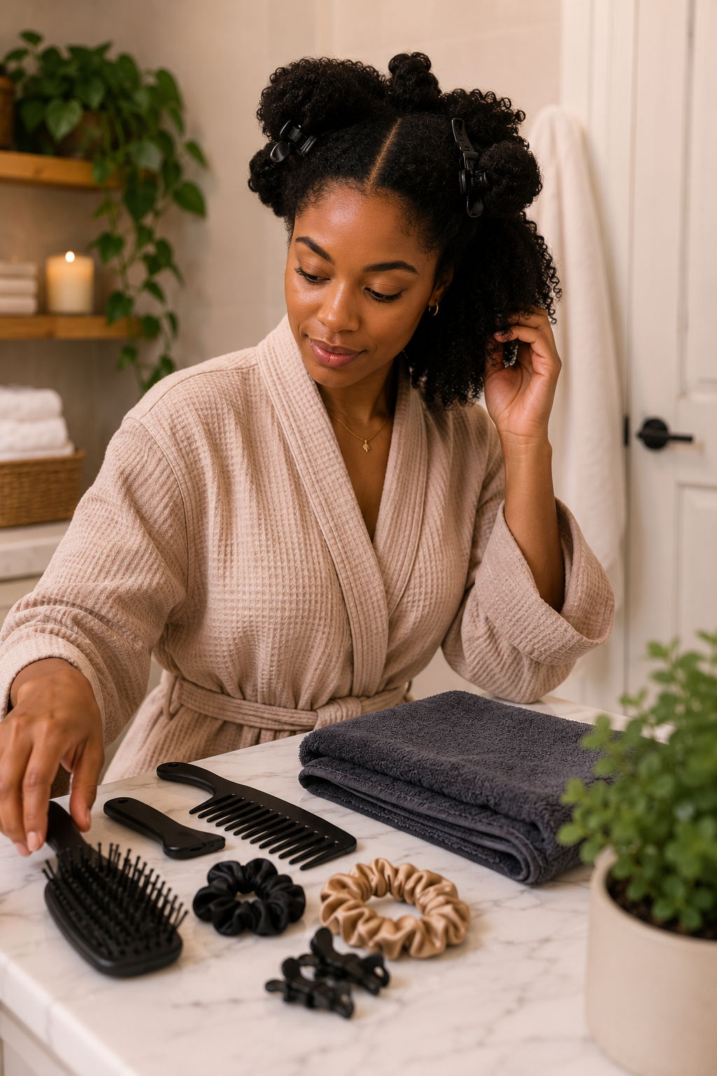 Woman in a robe arranging hair care tools on a countertop.